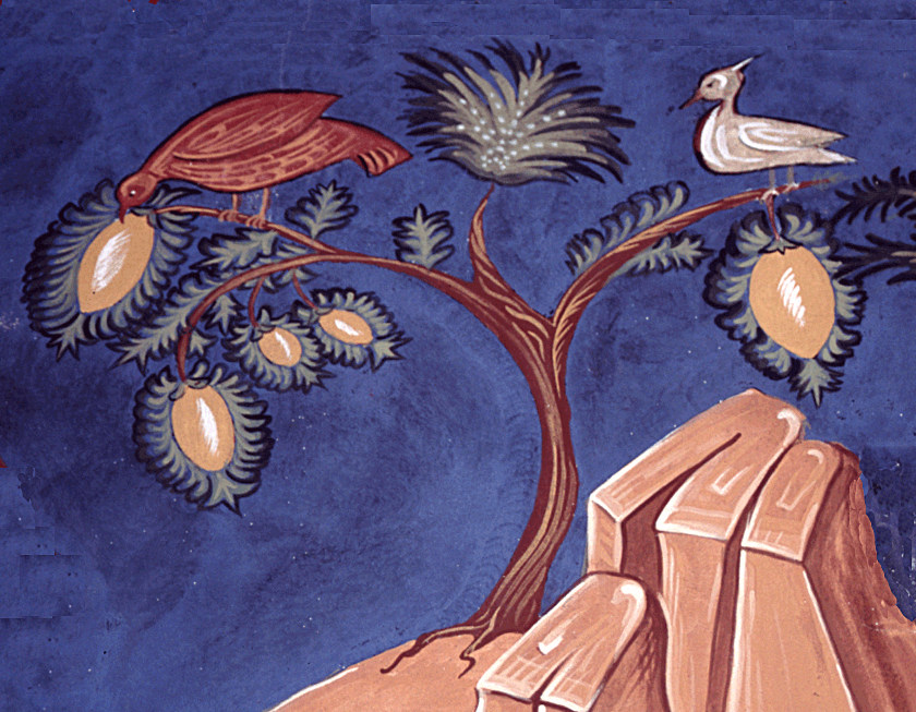 pájaros colgados de un arbusto, detalle de fresco
