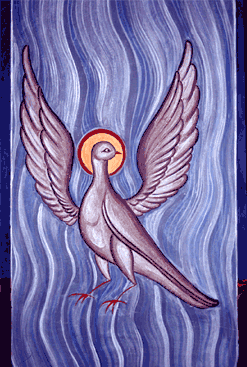 oiseau représentant le Saint Esprit sur fond bleu, détail de la fresque du cloître du monastère de Cantauque