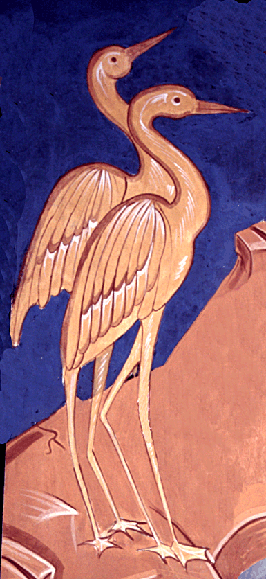 two cranes on a rock on a blue background, detail on a fresco in the orthodox iconographic style