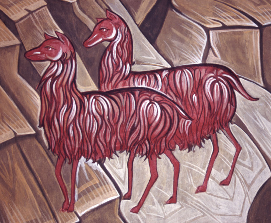 two maroon lamas in front of rocks, detail of the fresco in the cloister of the monastery of Cantauque