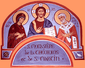 La vierge Marie, le Christ et saint Martin sur la fresque de l'entrée du monastère de Cantauque